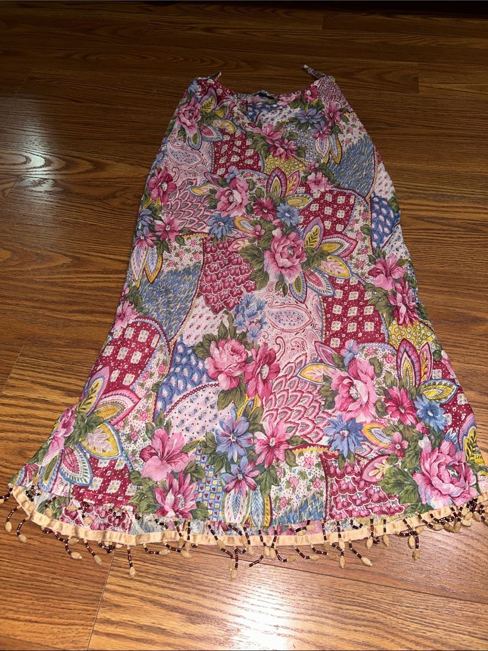 Boston Proper Vintage Boho Floral Patchwork Beaded Hem Maxi Lined Size Small